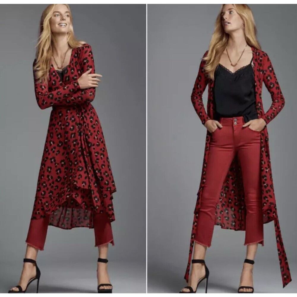 CAbi Red Siren Mesh Long Sleeve Leopard Wrap Dress M Cardigan Duster Trendy 5771 - Picture 7 of 7